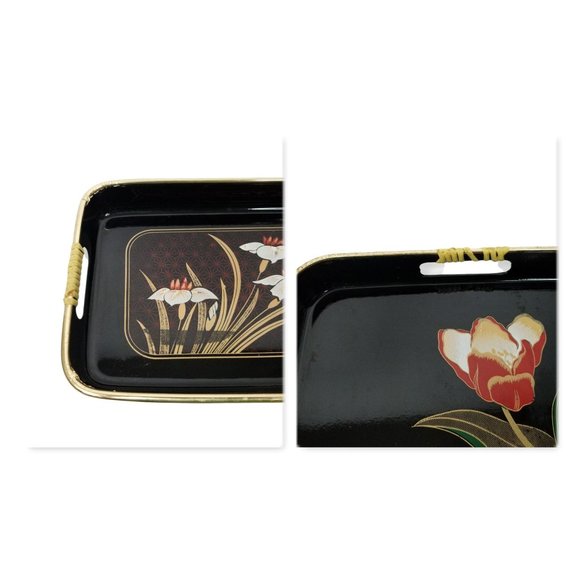 Vintage Serving Trays Wrapped Handles Iris Barware Lacquer Black Gold Japan - Picture 11 of 12